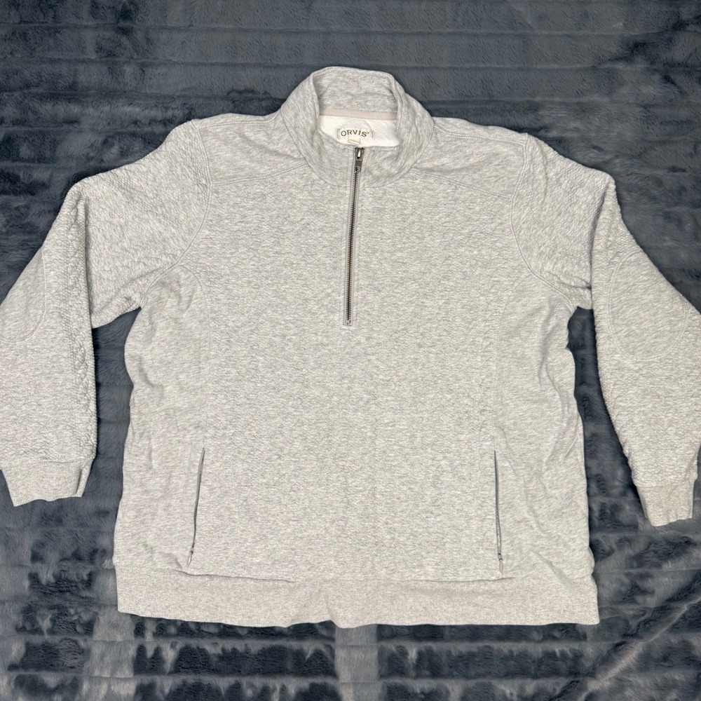 Orvis Mens XL Quarter Zip Pullover Sweatshirt Gray Quilted Texture Mock Neck